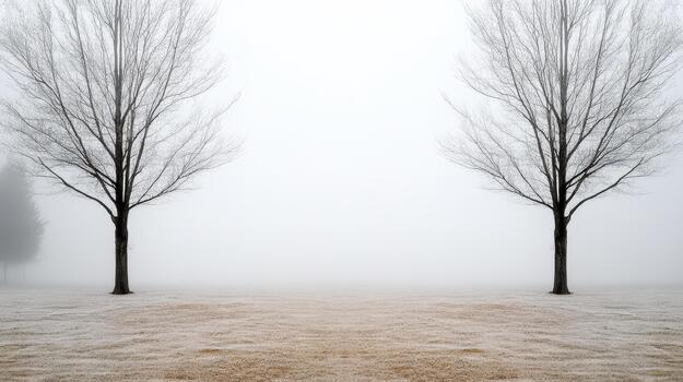 Two trees in the fog with no leaves photo
