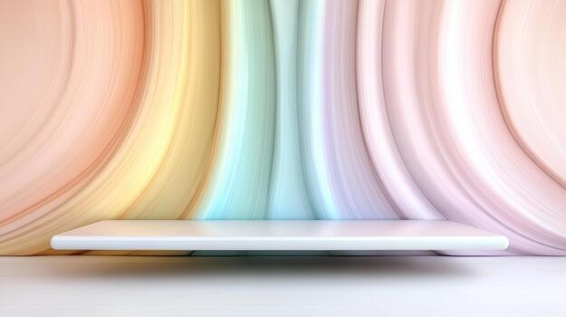 A white bench against a wall with a rainbow colored background photo