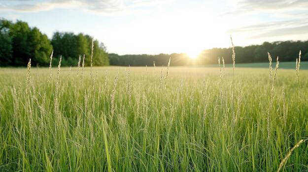 iluminado por el sol césped campo a amanecer con alto verde césped y distante árbol línea foto