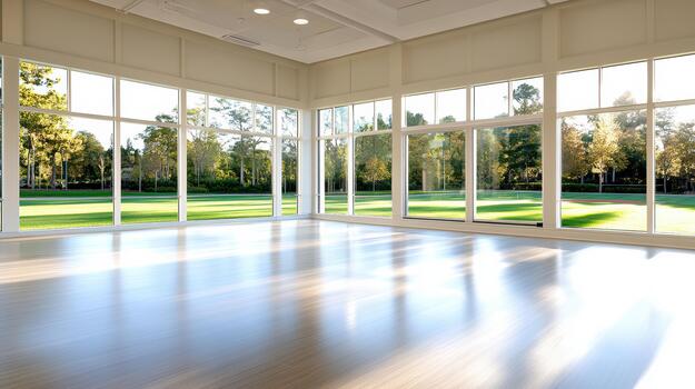 Sunlit empty room with large windows and polished wooden floor photo