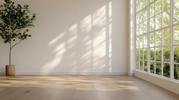 iluminado por el sol minimalista habitación con de madera piso y en conserva árbol creando calma foto