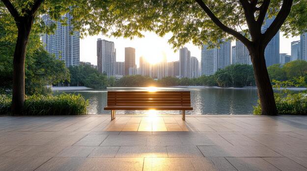 Sunlit bench by urban lake framed by trees at sunrise with skyline reflection photo