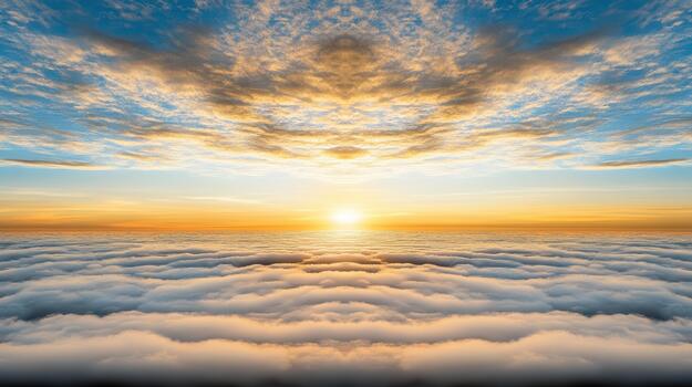 Sunrise over layered fog and cloudscape with warm golden light photo