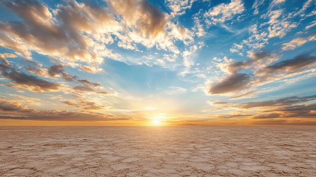 Sunset clouds glowing horizon desert plain serene golden sky photo