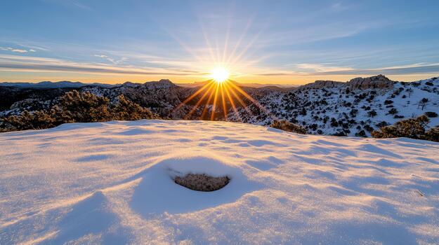 Snow field sunrise glow on mountain ridge with sparkling snow and warm light photo