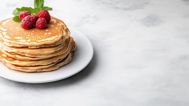 Stack of fluffy pancake with raspberry and mint garnish on white plate photo
