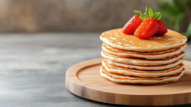 Fluffy pancake stack topped with strawberries and mint, warm breakfast scene photo