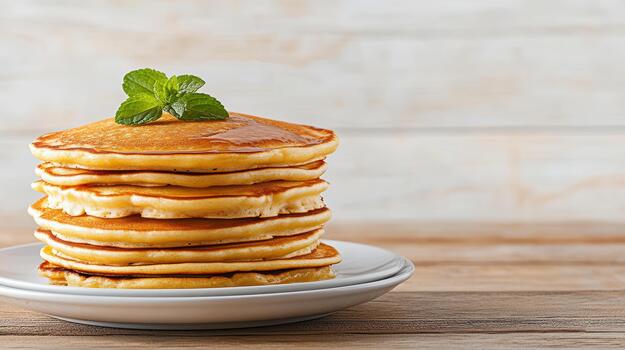 Fluffy golden pancake stack with mint garnish on plate, rustic breakfast table charm photo
