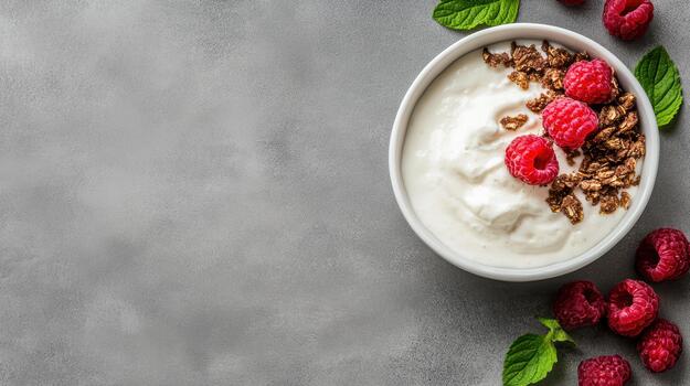 Raspberry yogurt granola mint bowl fresh breakfast bright smooth photo