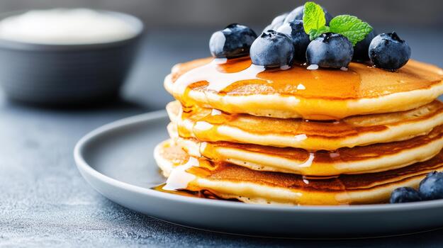 A stack of pancakes with blueberries and syrup photo
