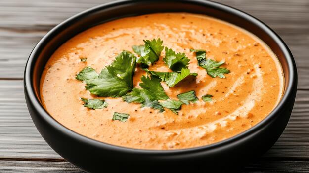 cremoso tomate curry salsa adornado con cilantro, suave textura y calentar color foto