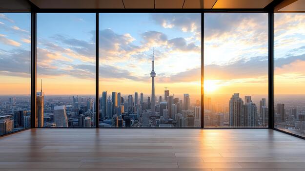 moderno horizonte puesta de sol ver mediante piso a techo ventana, calentar ligero y abierto interior foto