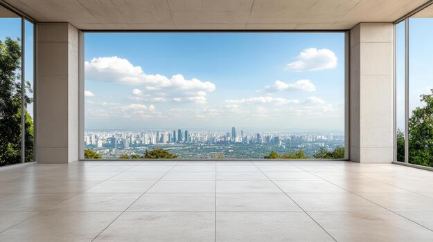 Modern empty room with panoramic city view and bright sky, calm atmosphere photo