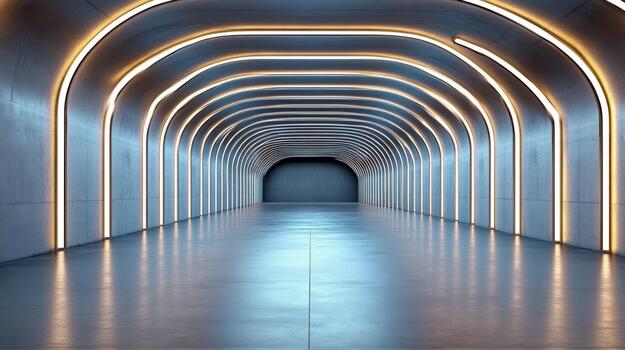 Arched tunnel with glowing linear lights and reflective floor, futuristic calm mood photo