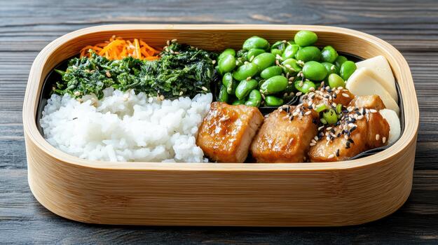 A bamboo container filled with rice, vegetables and meat photo