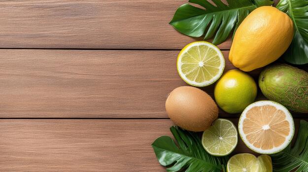 Tropical citrus arrangement lemon lime grapefruit kiwi mango vibrant photo