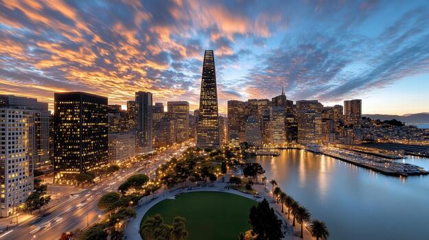 Sunset skyline waterfront cityscape with illuminated tower and waterfront park photo