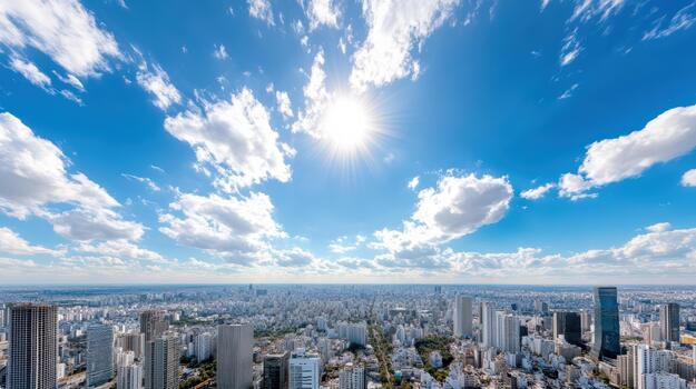 A view of the city from above with the sun shining photo