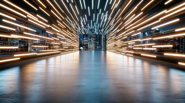 Futuristic tunnel with streaking light and city skyline, reflective floor, dynamic energy photo
