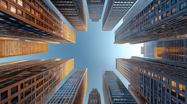 Skyline skyscraper architecture perspective office building glass facade sunset reflection photo