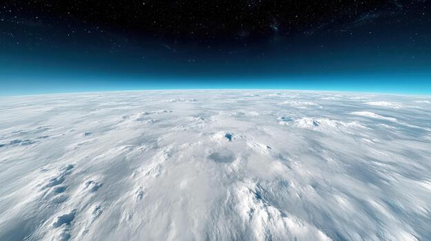 Vast atmospheric aerial horizon cloudscape with distant starry sky and serene light photo