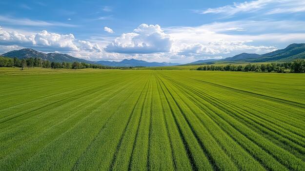 Green field landscape wheat rows mountain horizon bright sky with clouds photo