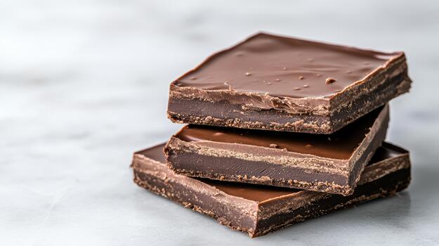 Rich chocolate toffee layered squares stacked on marble surface, decadent and glossy photo