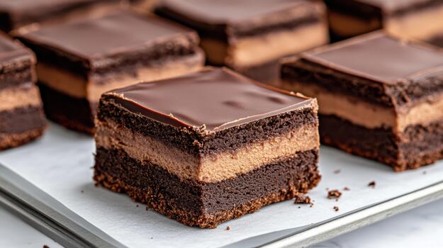 Chocolate layered cake square with glossy ganache topping and creamy filling photo
