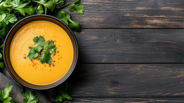 cremoso Zanahoria sopa adornado con cilantro y pimienta copos, rústico de madera mesa ajuste foto