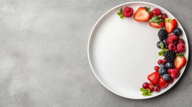 White round plate with mixed berries and mint on textured background photo