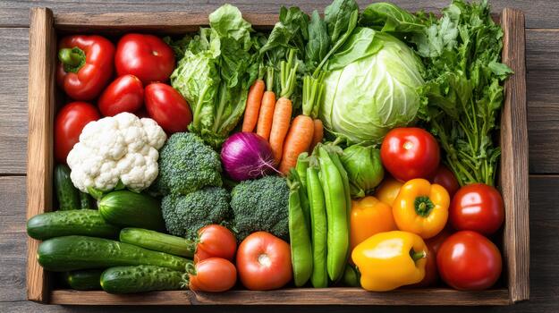 Fresh assorted vegetables in wooden crate with vibrant colors and natural texture photo
