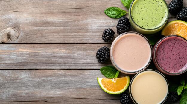 Various smoothies are arranged in a circle on a wooden table photo