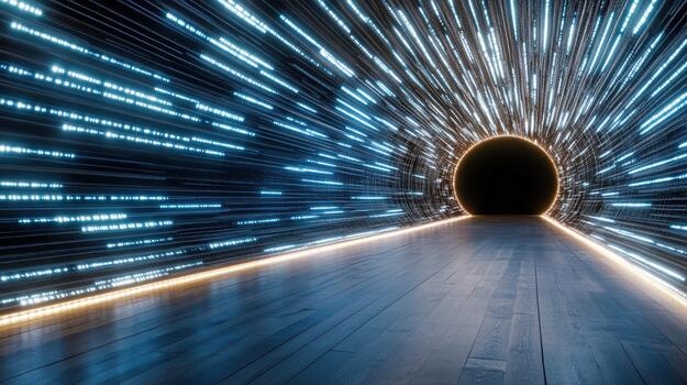 A tunnel with glowing lights and a dark floor photo