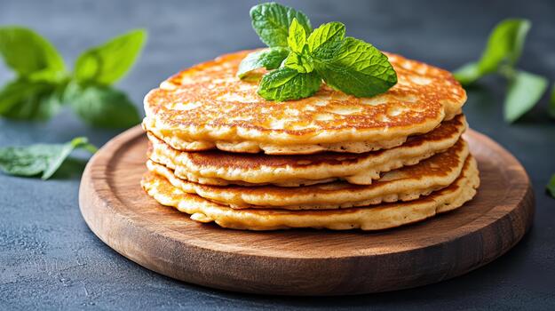 Stack of pancakes with mint leaves on top photo