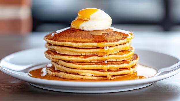 A stack of pancakes with syrup and ice cream on top photo