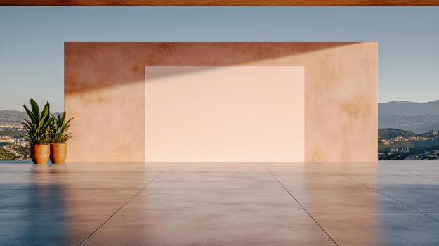 An empty room with a large white square photo