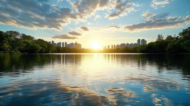 A lake with trees and buildings in the background photo