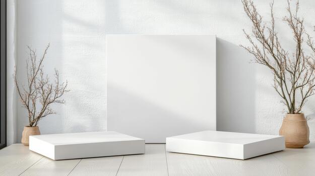 Three white square boxes on a wooden floor near a window photo
