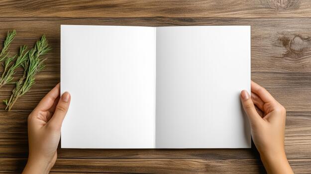 Top view of female hands holding open blank book on wooden table with rosemary sprig photo