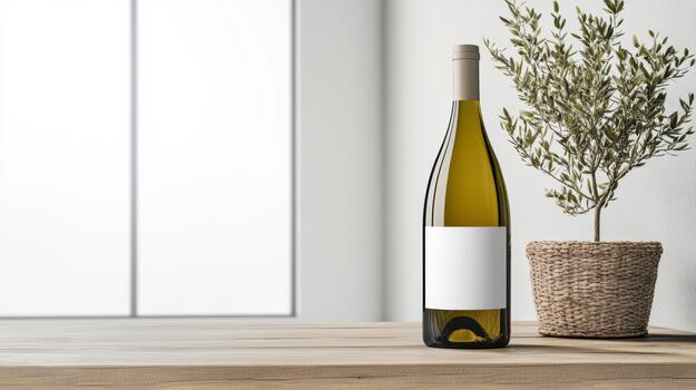 A bottle of wine sits on a table next to a plant photo