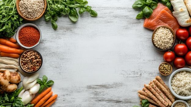 Various types of food are arranged in a circle photo