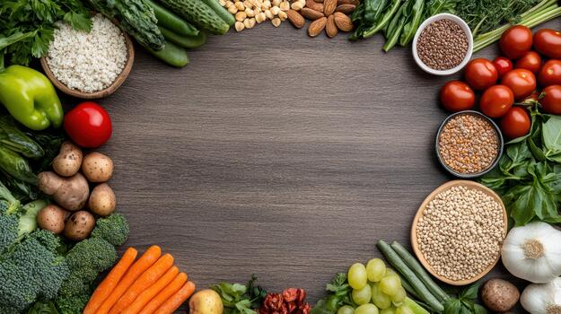 A circle of vegetables and fruits on a wooden table photo