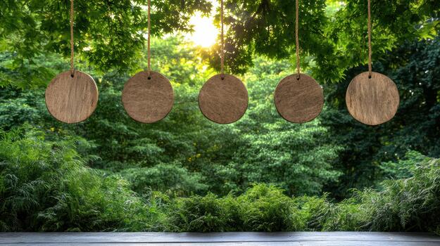 Four wooden circles hanging from strings in the middle of a green forest photo