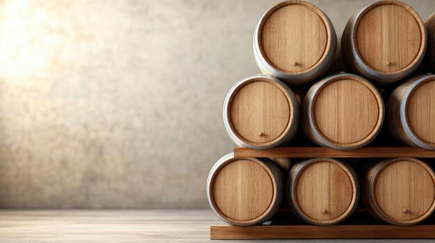 A stack of wine barrels on a wooden shelf photo