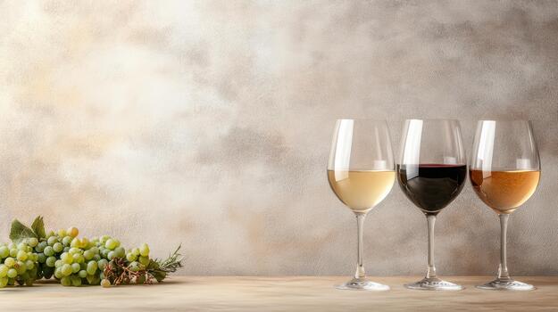 Three wine glasses with grapes and a bottle of wine photo