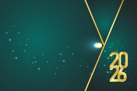 Happy New Year 2026 background. Golden numbers on a green background with sparkles and light bulb vector