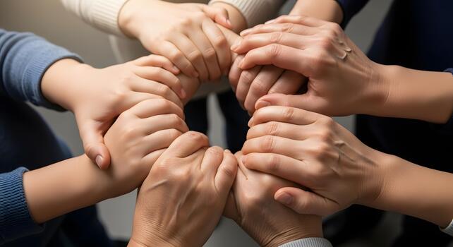 Diverse Group Hands Joined Together in a Circle Symbolizing Unity Teamwork Support and Community Connection photo