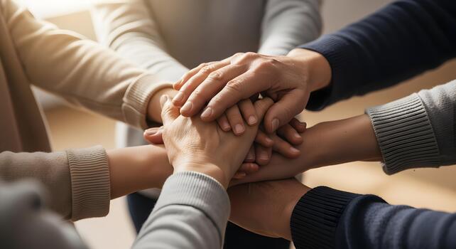 Diverse Team Hands Stacked Together Showing Unity Trust and Commitment in Business Meeting photo