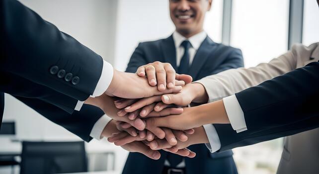 Diverse Business Team Stacking Hands Together for Unity Success and Collaboration in Office Setting photo