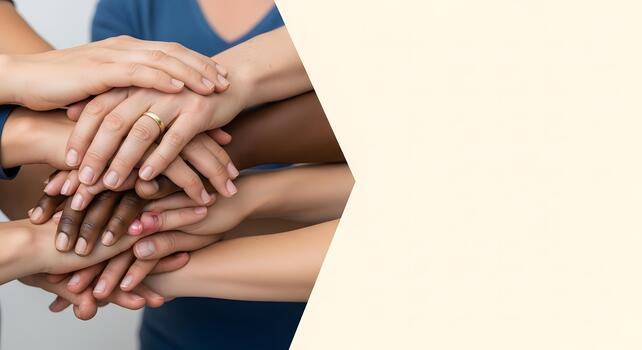 Diverse Team Hands Stacked Together Showing Unity Partnership and Multiracial Collaboration with Copy Space photo